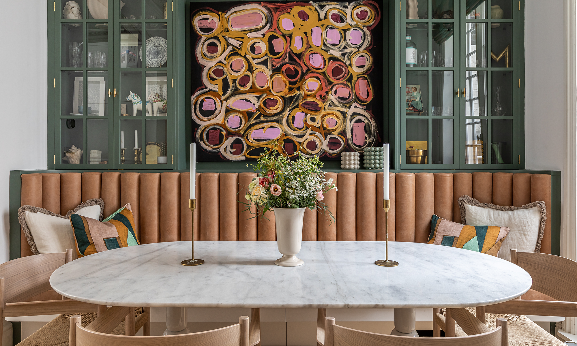 pink and marble themed sitting area
