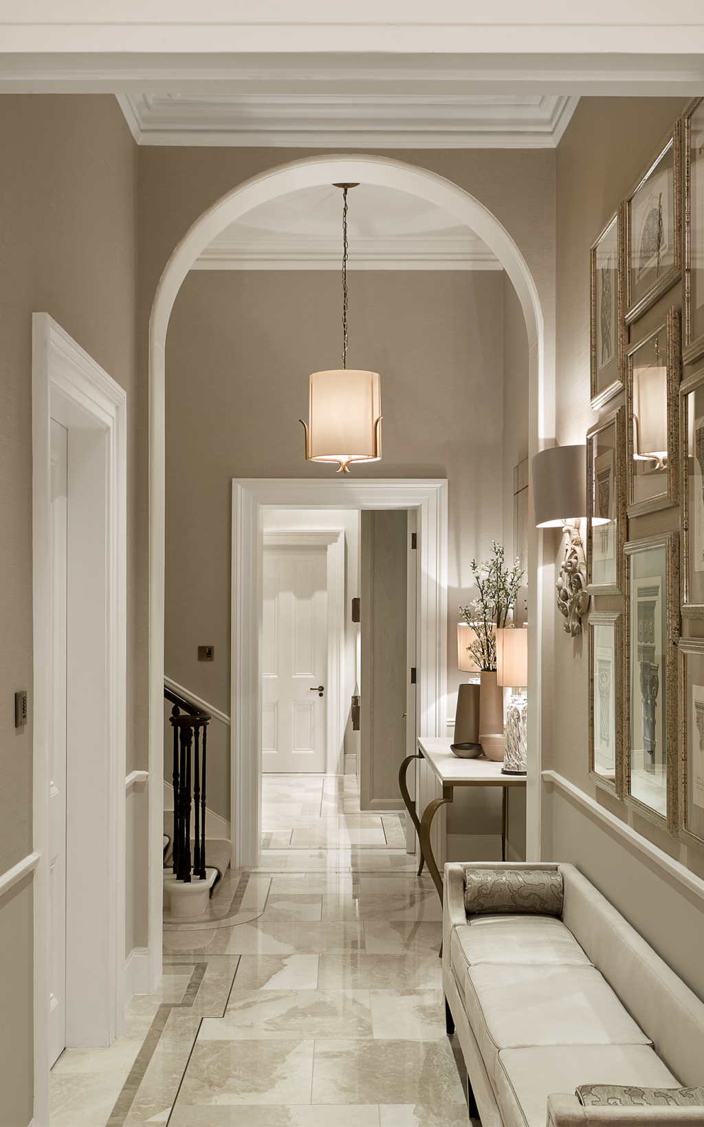 large neutral tones hallway with seating