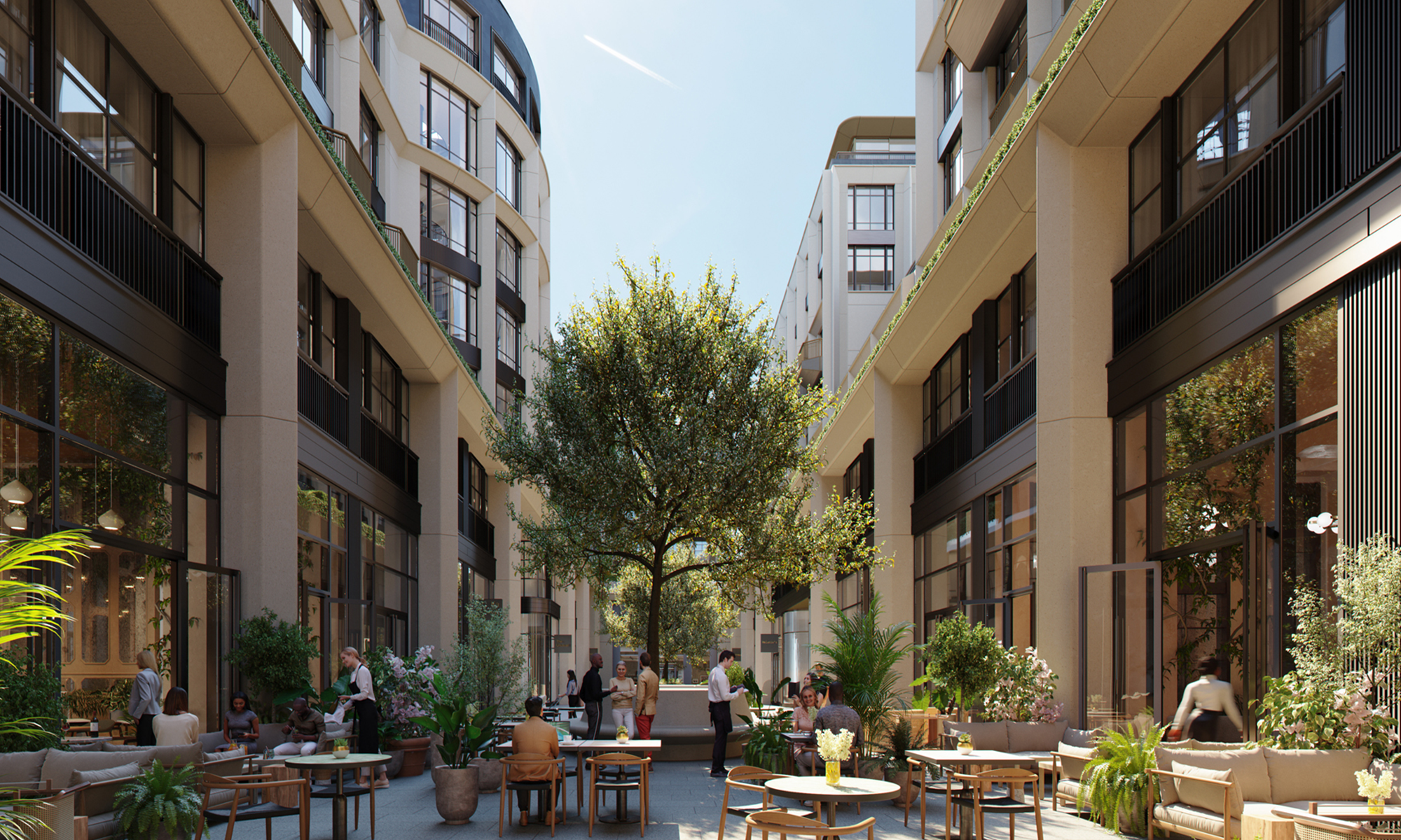 tables and chairs outside in the sunshine