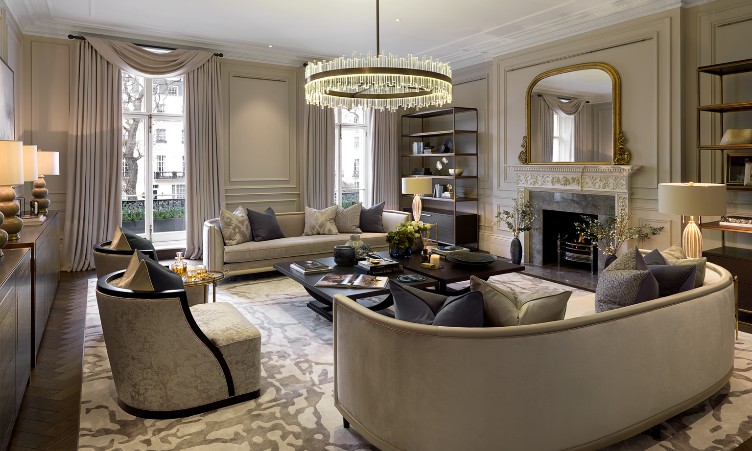 large lounge and chandelier