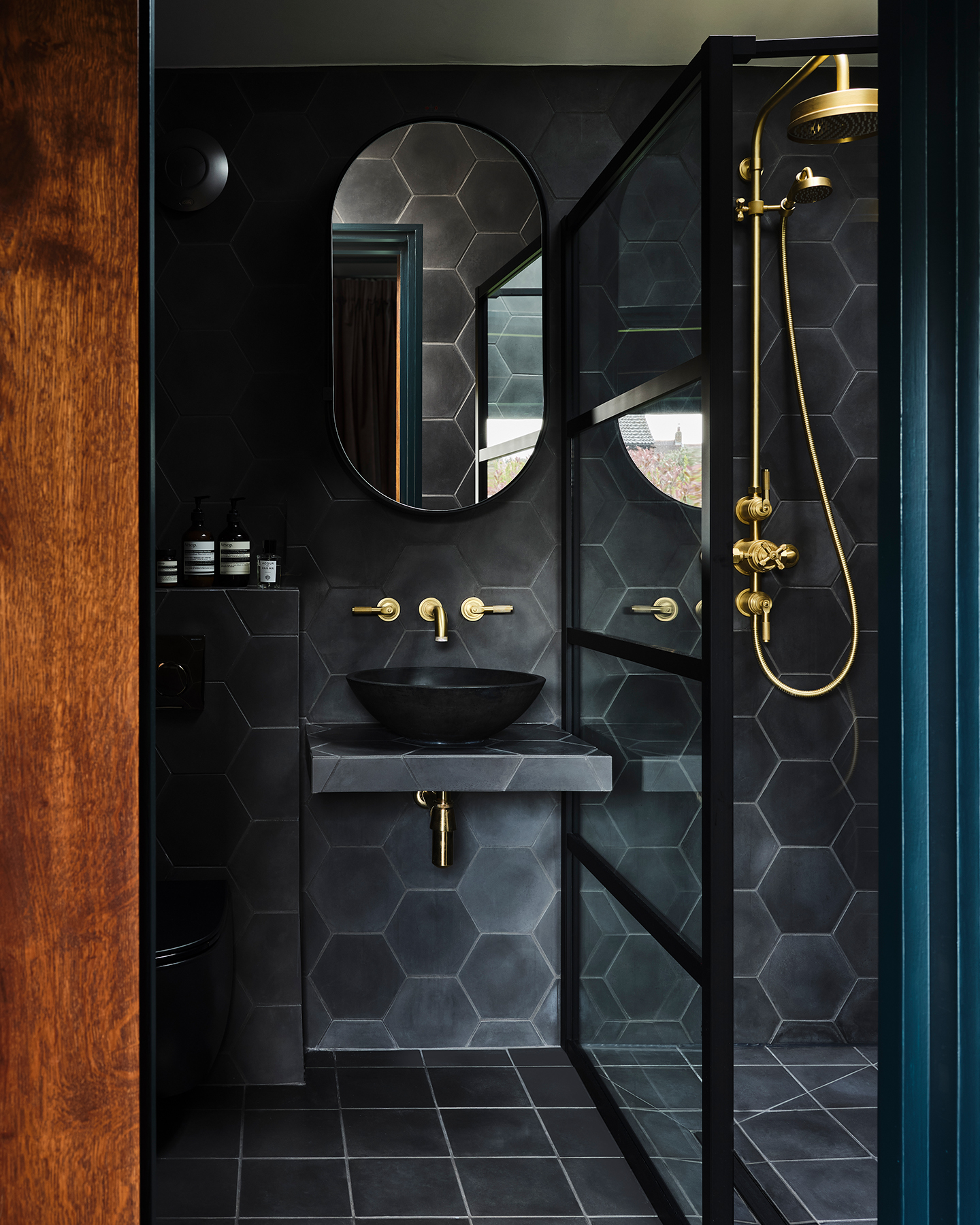 Lee Thornley's House Bathroom with Brushed Gold Matt Brassware