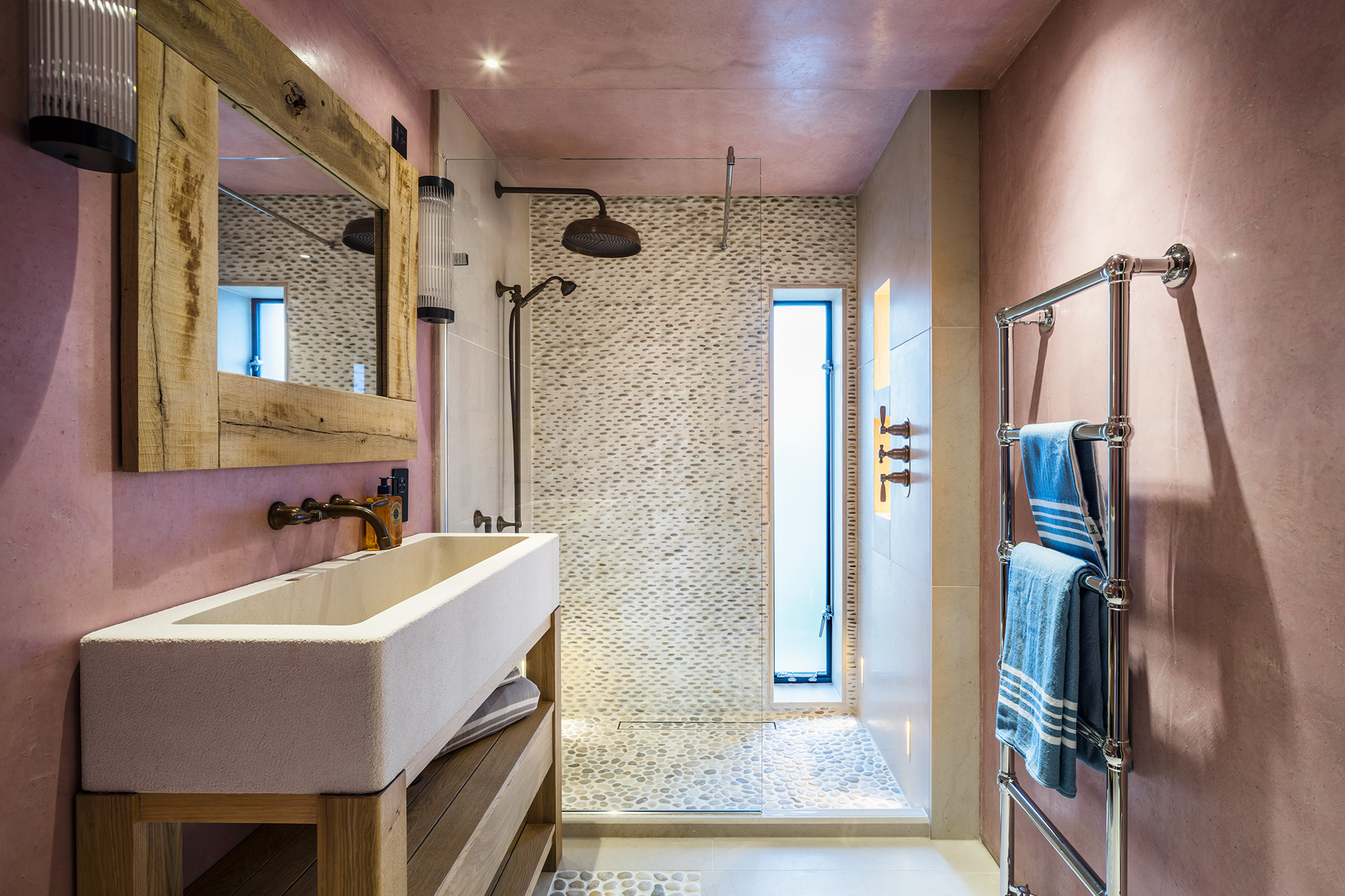 Fairfield shower and basin tap in pink bathroom