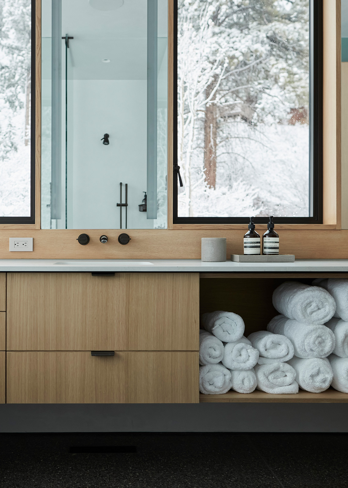 Alpine bathroom design with Xenon basin taps by Samuel Heath