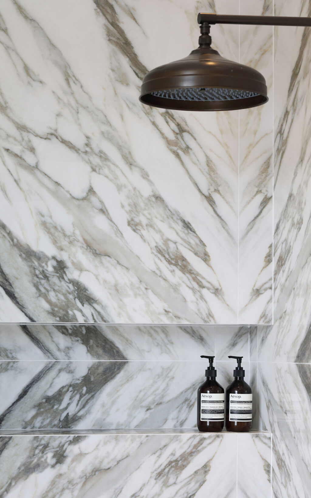 Samuel Heath Fairfield City Bronze shower head, shower nook with Aesop soap