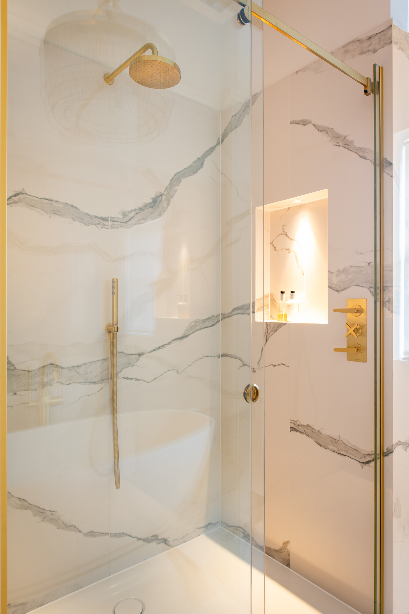 SGS Interiors Georgian style home with Samuel Heath bathroom with Classic Forme Shower in Brushed Gold Matt