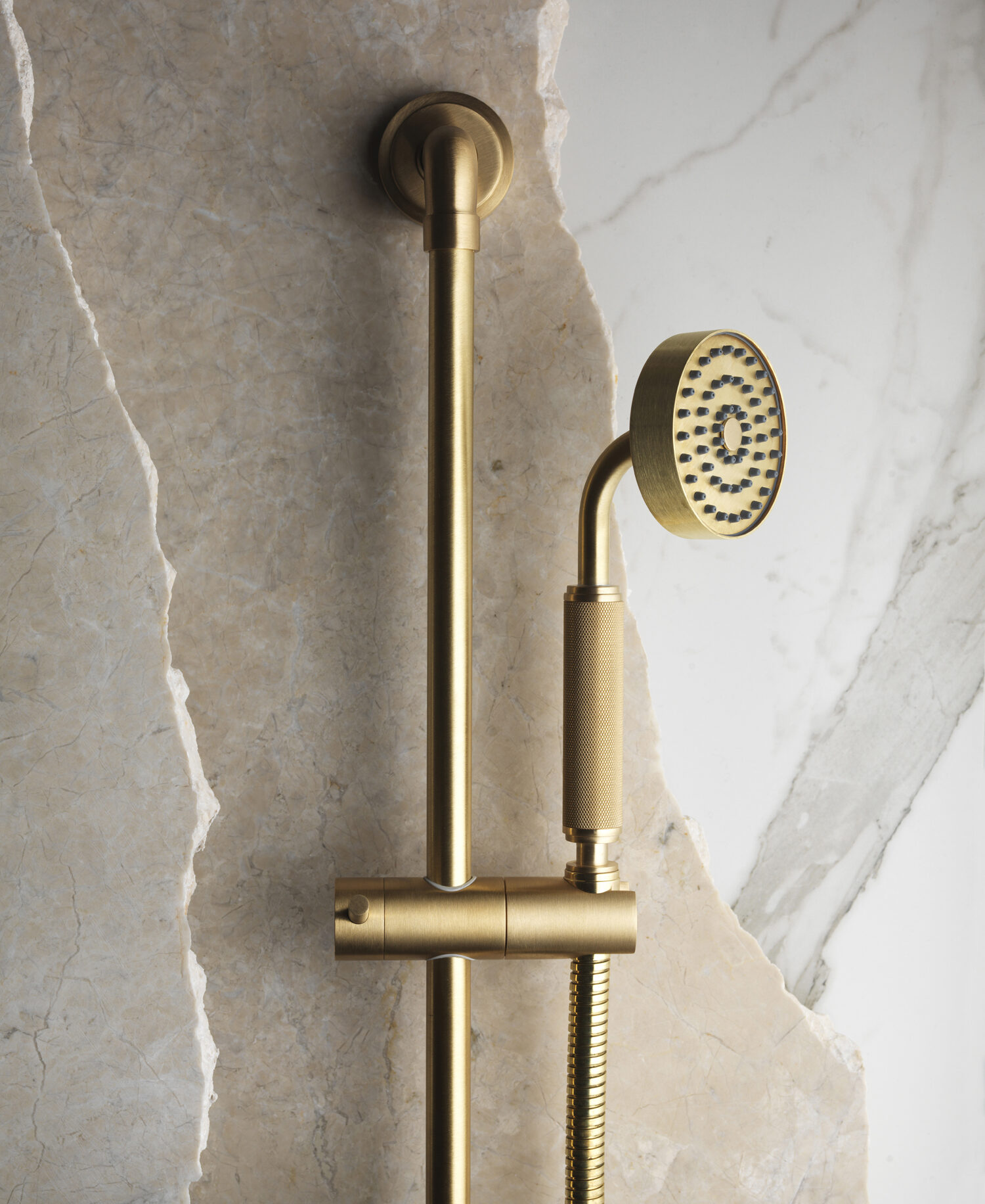samuel heath LMK industrial bauhaus inspired shower in a natural urban brass finish.