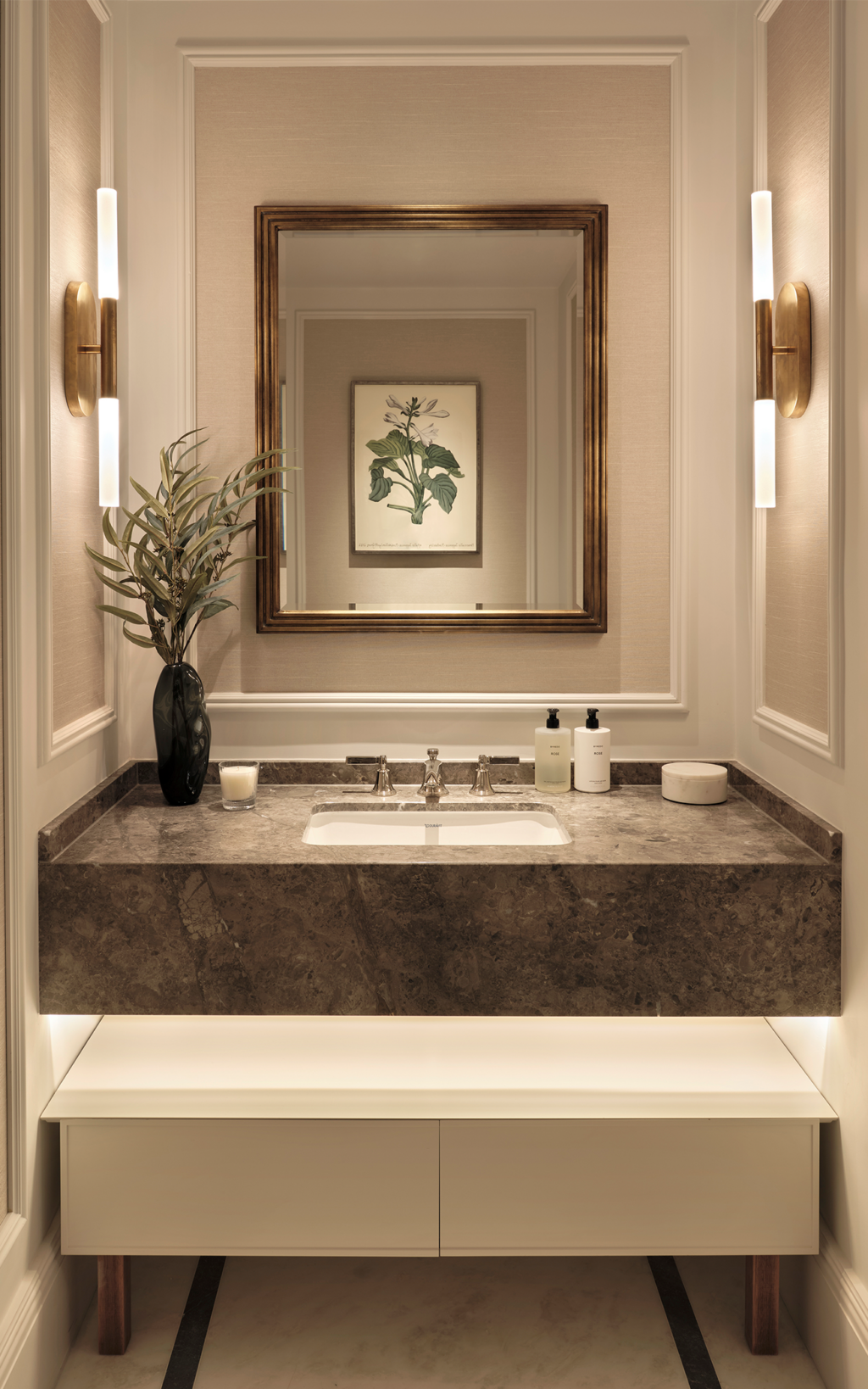 Minimalist bathroom with chrome basin taps