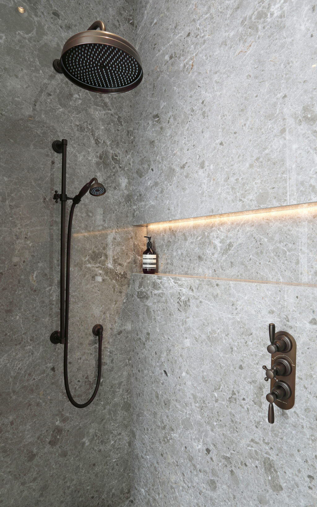Marble walk in shower with Samuel Heath Fairfield shower and large shower head
